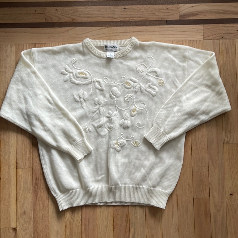 Vintage Cream Sweater with Embroidery and Sequin